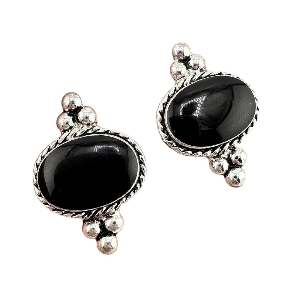 Antique Style Black Enamel Oval Elegant Silver Tone 1.25” Stud Earrings